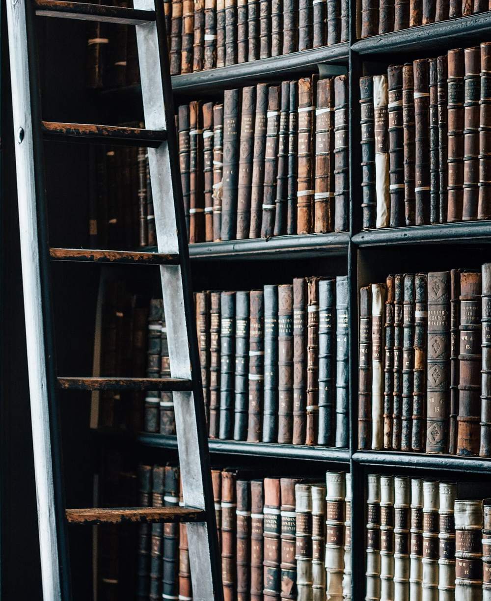 Biblioteksstege lutad mot en hög bokhylla med gamla skinnband